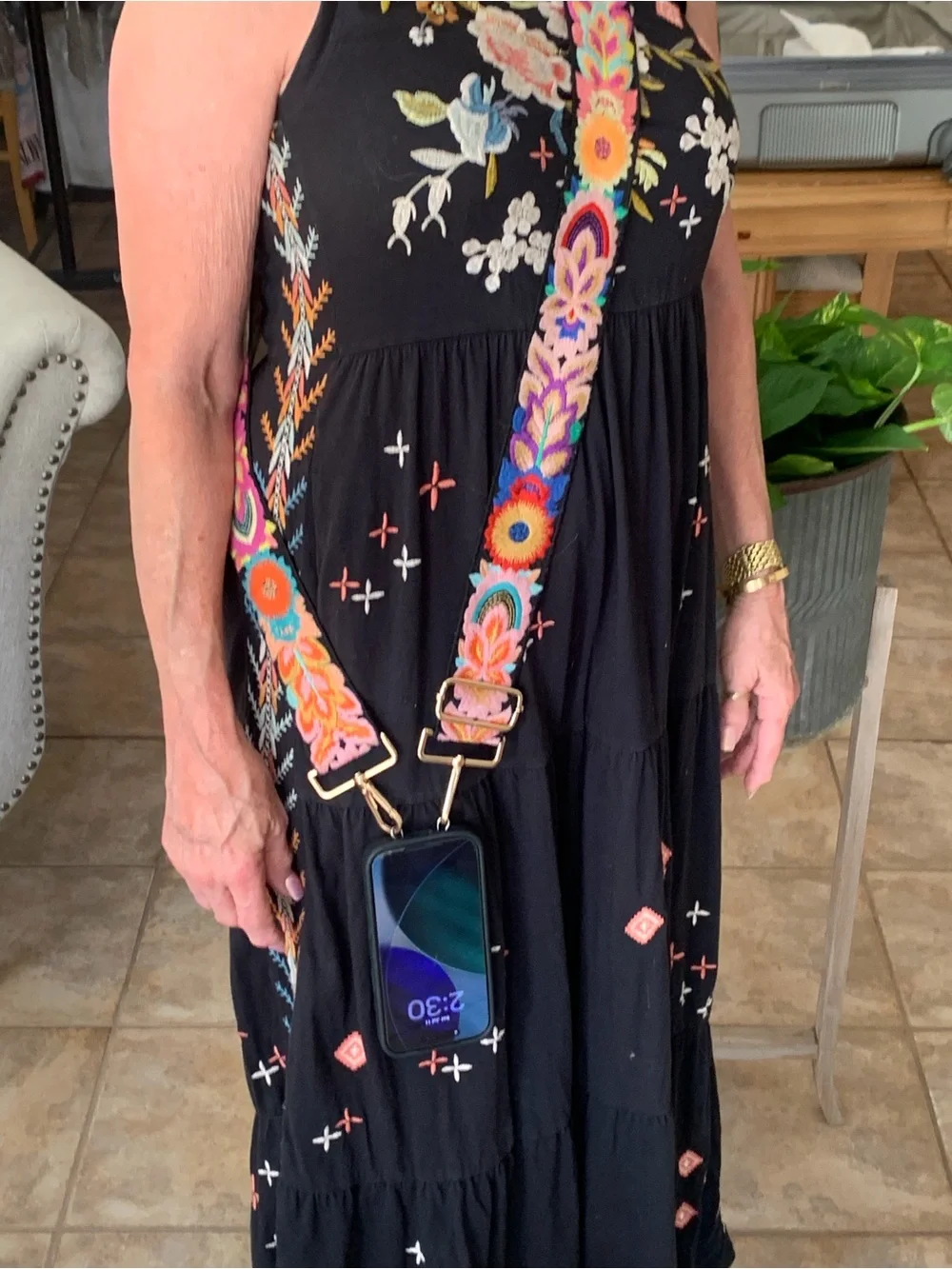 Embroidered Floral Strap - Black with Multicolor Embroidery for phone or bag